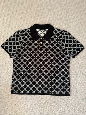 Talbots Black Polo with White Chain-Link Pattern Sweater